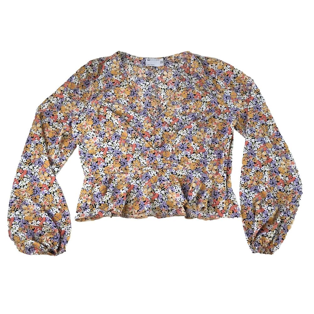 ASOS DESIGN Floral Faux Wrap Peplum Long Sleeve V-Neck Blouse Size 12